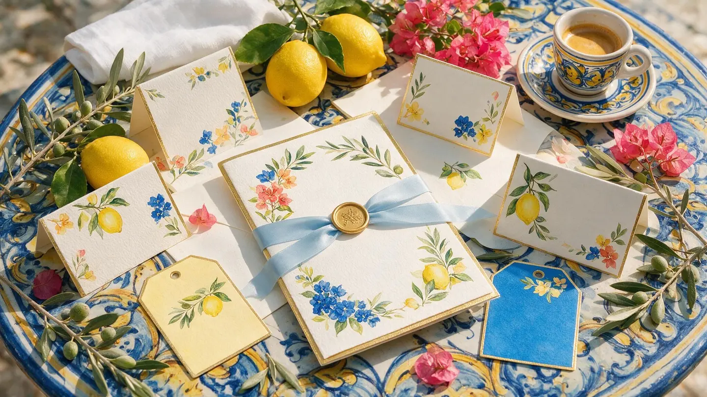 Italian wedding stationery suite — invitation, menu, place cards and tags on hand-painted majolica